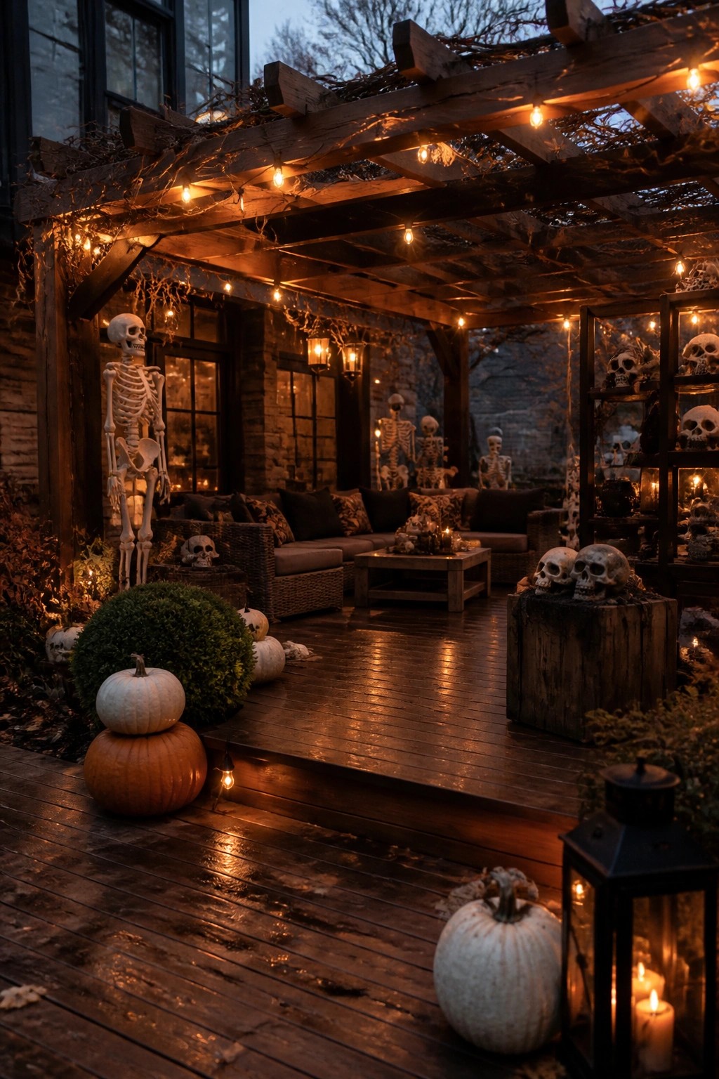 Wooden patio under a pergola decorated with multiple standing skeletons, skull clusters on blocks, pumpkins, and string lights at dusk.