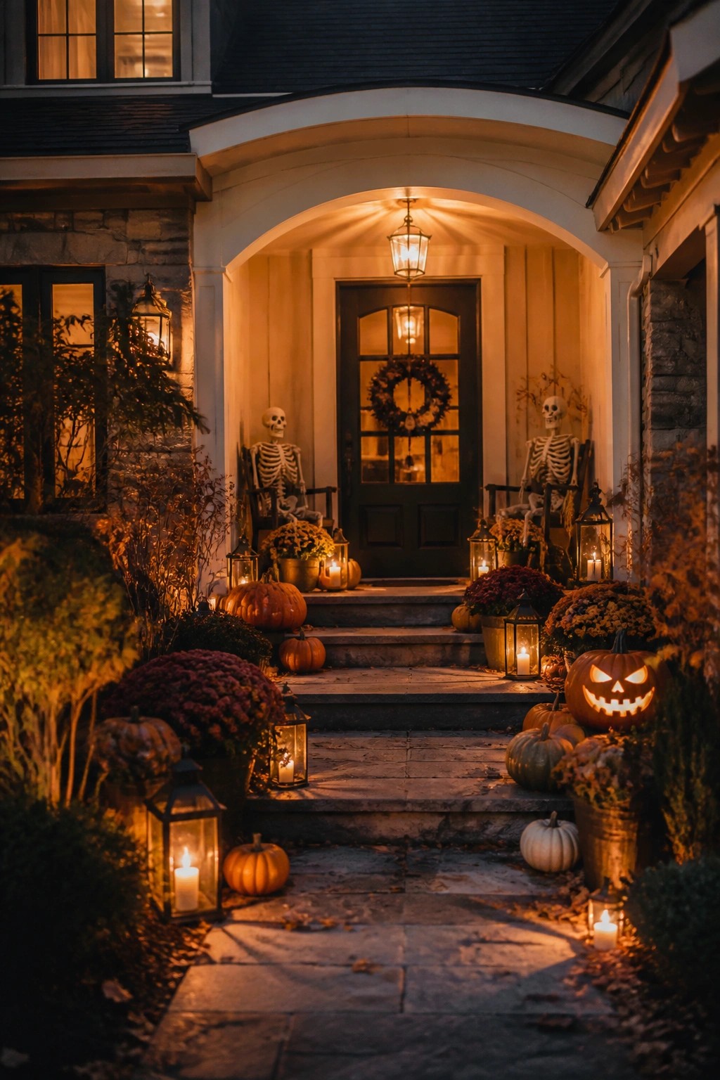 Front porch at night with two seated skeletons flanking a dark door, surrounded by carved jack-o'-lanterns, lanterns, and mums.