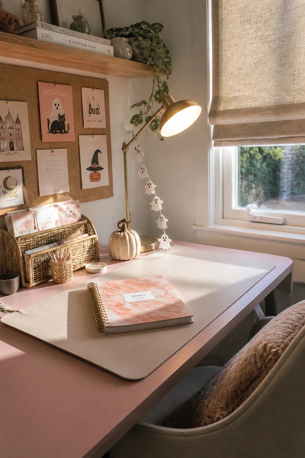 A pink desk with a marble notebook under a corkboard displaying several pastel Halloween prints including ghosts, a cat, and a pumpkin.