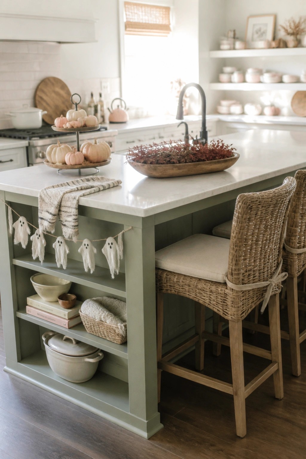 A sage green kitchen island with a white marble top, woven bar stools, and a string of white fabric ghosts hanging from the side, plus pastel pumpkins and a wooden bowl of dried foliage on the countertop.