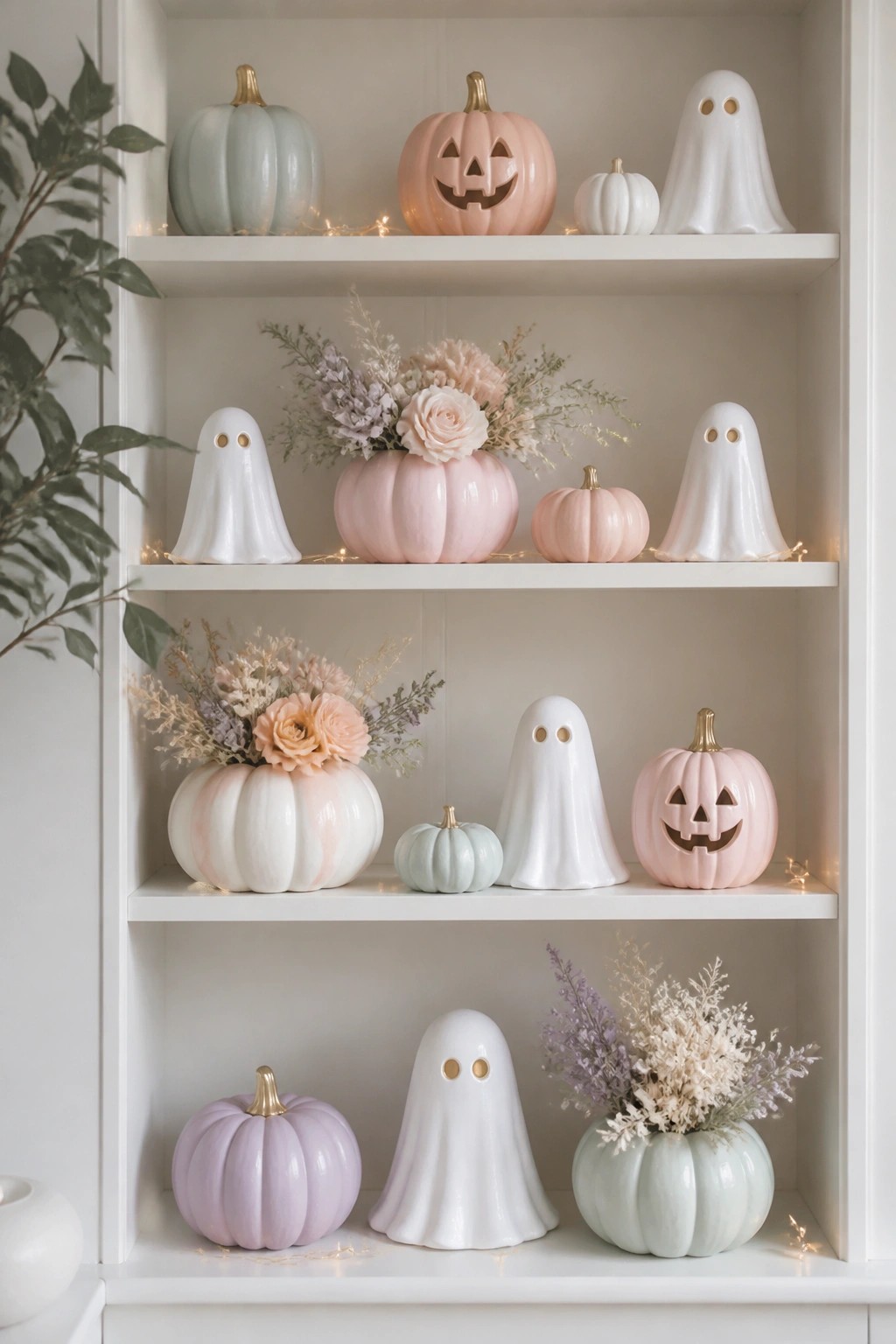 White built-in shelves decorated with pastel pink, lavender, and mint pumpkins, white ghost figurines, and dried floral arrangements.