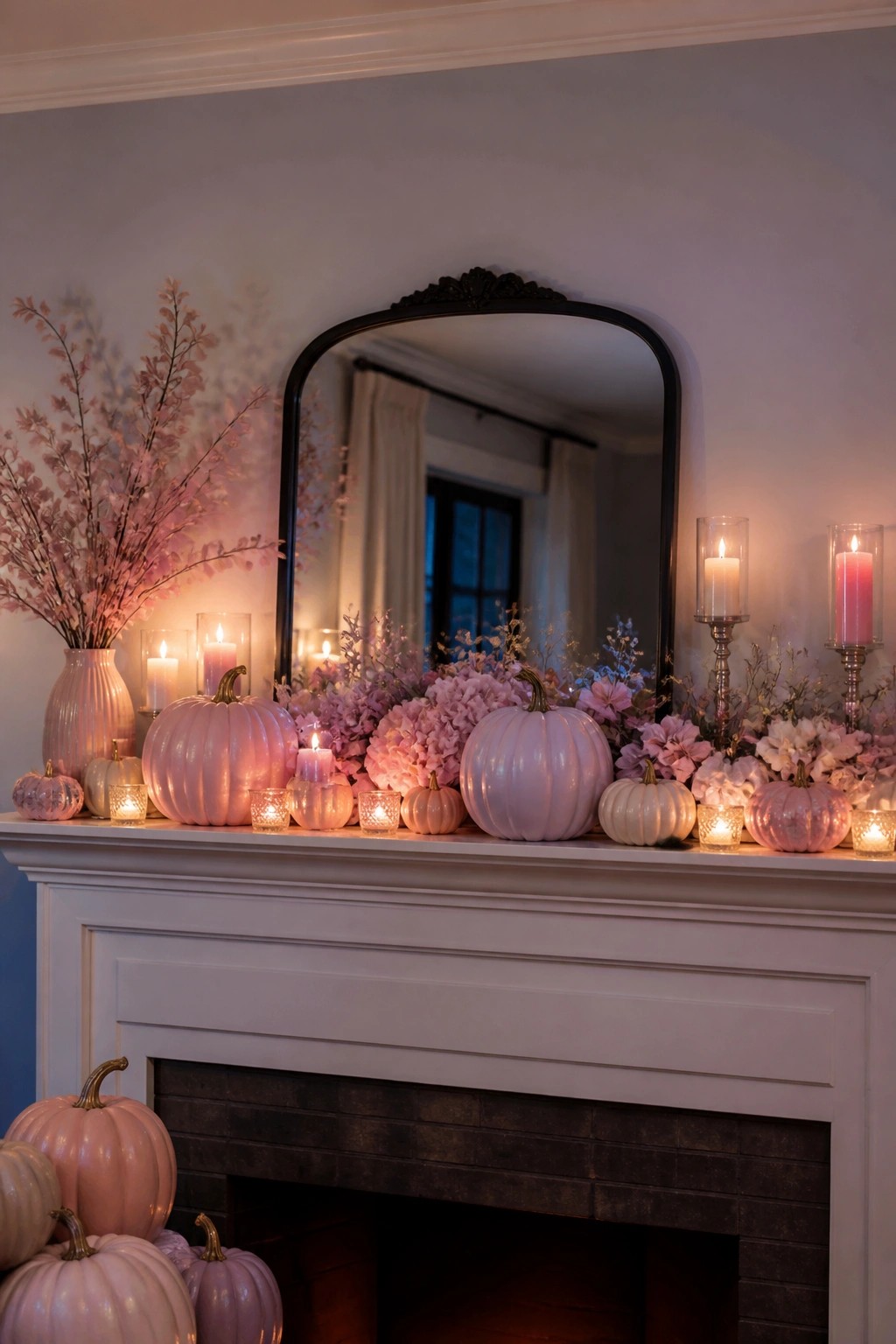 Pink pumpkins, lit candles, and flowers decorate a white fireplace mantel.