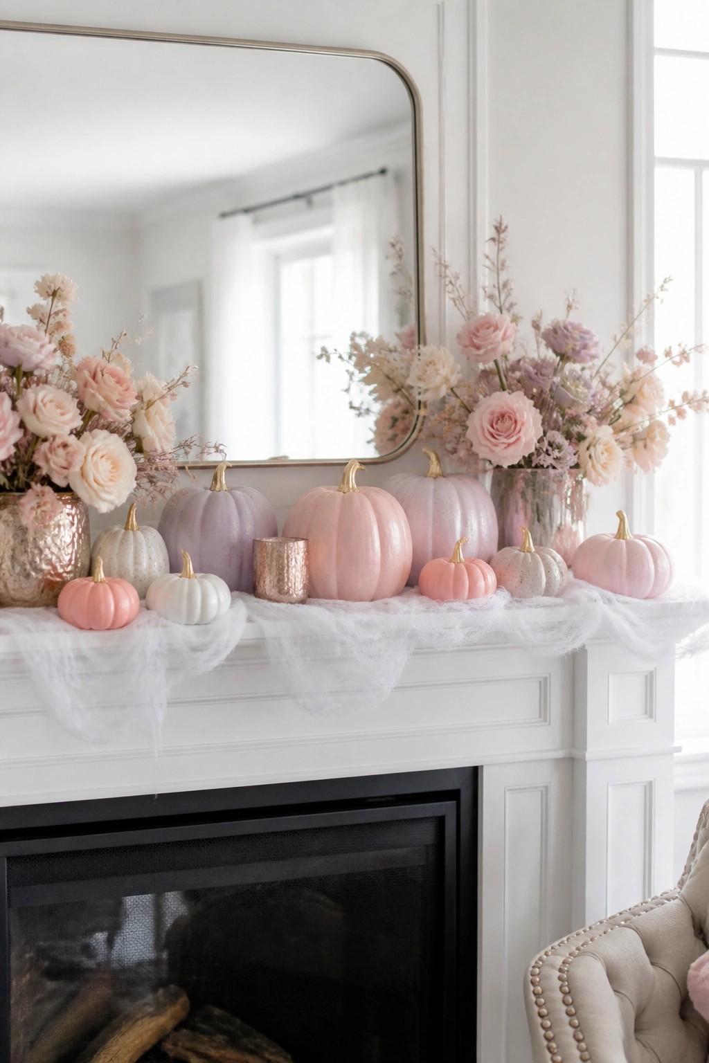 Pastel pink pumpkins, roses, and flowers on white fireplace mantel with mirror