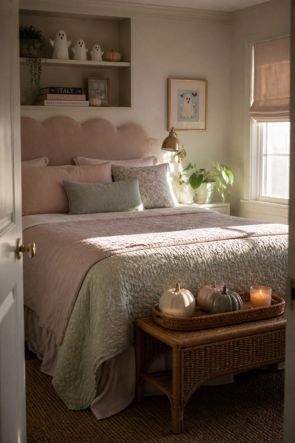 Cozy pastel bedroom with pink bed, ghost decor, pumpkins on wicker bench in sunlight.