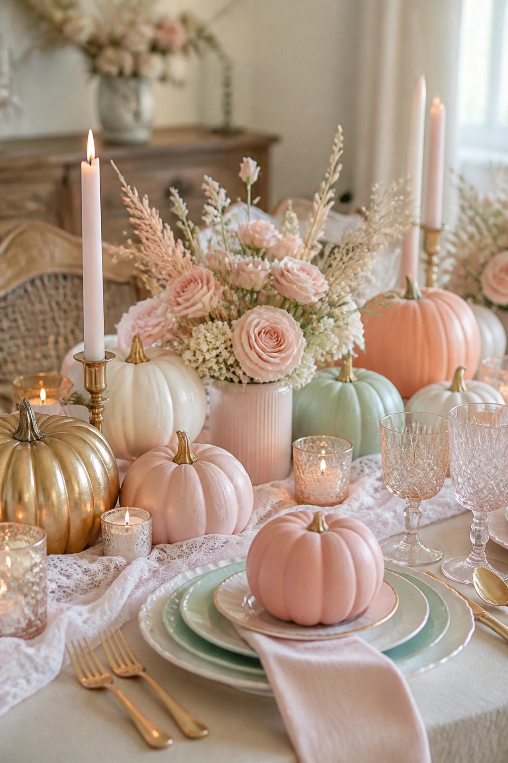 Elegant pastel pink pumpkin centerpiece with roses, candles, and gold tableware on lace runner