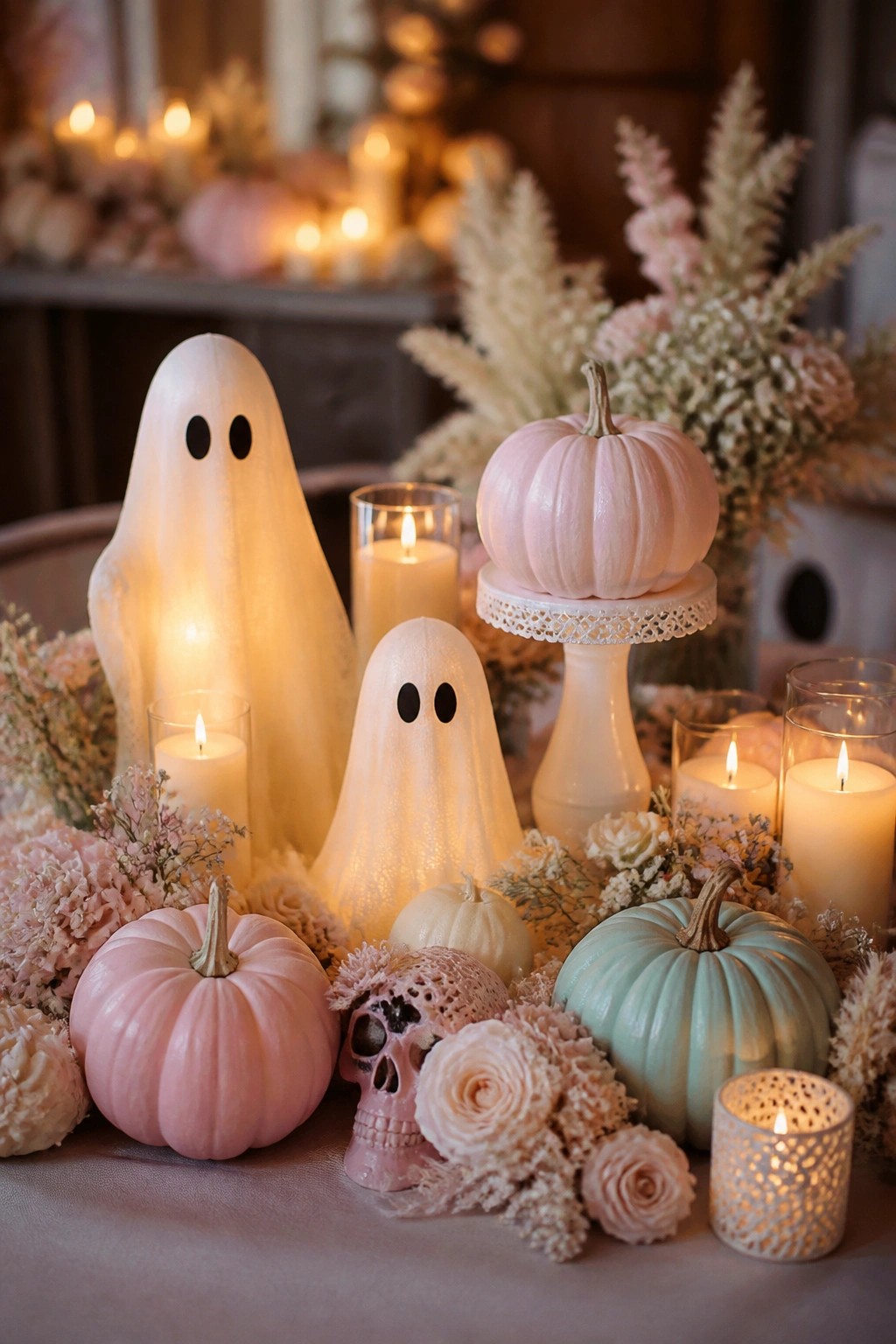 Two illuminated white fabric ghosts with black eyes sit among pastel pink and mint pumpkins, lit candles, and dried flowers on a tabletop.