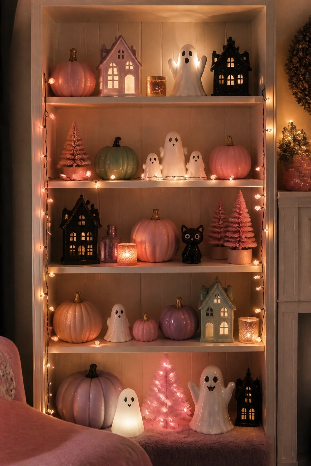 White built-in shelves holding multiple glowing ghost figures, pastel pumpkins, and small lit houses with string lights wrapped around the edges.