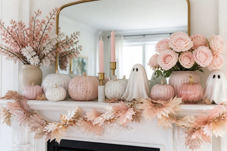 18 Pastel Halloween Decor Ideas That Are Soft Yet Spooky Pastel pink pumpkins, roses, and flowers on white fireplace mantel with mirror