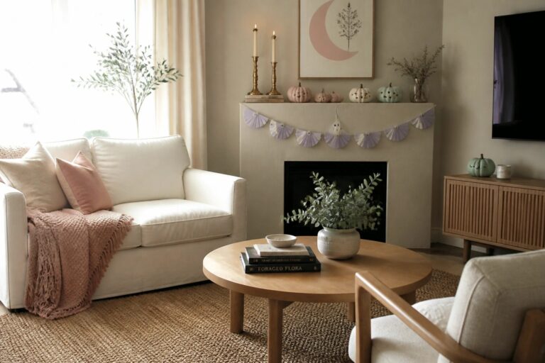 Living room with white sofa, round wooden coffee table, and fireplace mantel displaying a pastel ghost garland, small pumpkins, and brass candlesticks.