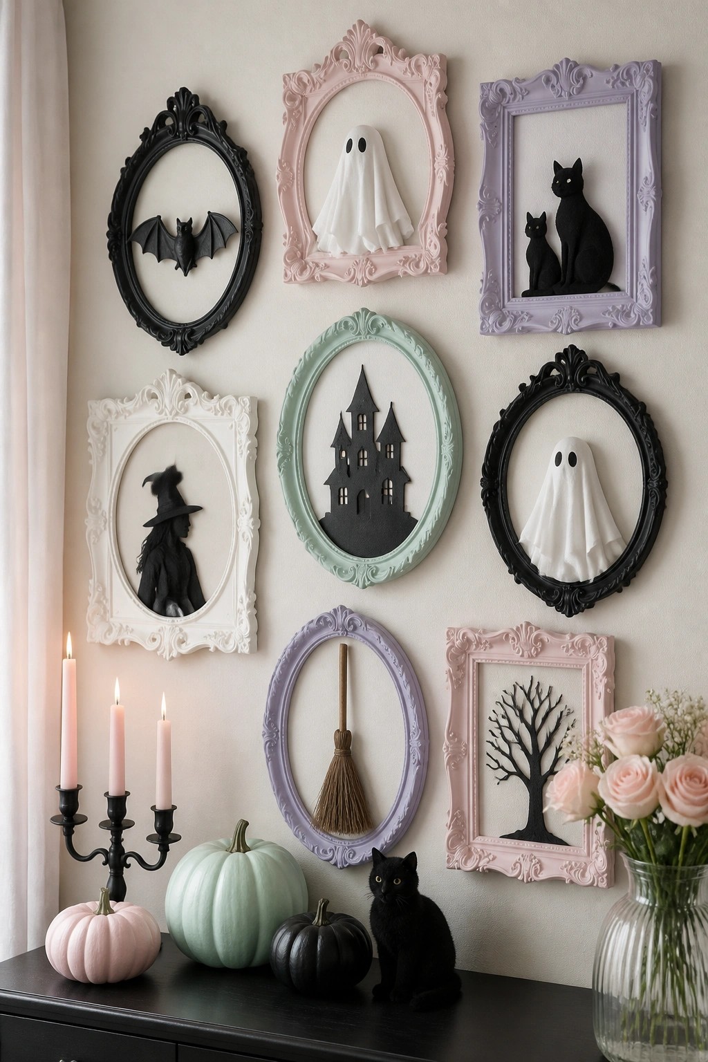 A wall arranged with ornate pastel frames holding black Halloween silhouettes including ghosts, a bat, a witch, a haunted house, a broom, and black cats, with pumpkins and candles on a dark surface below.