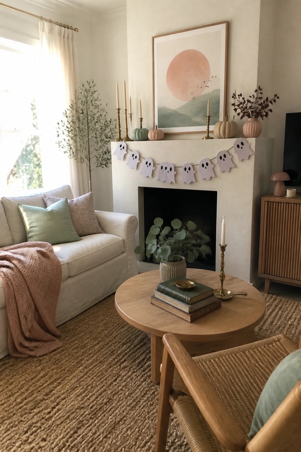 Living room with white sofa, round wooden coffee table, and fireplace mantel displaying a pastel ghost garland, small pumpkins, and brass candlesticks.