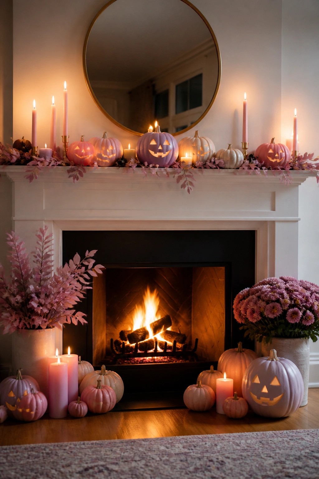 Festive fireplace with glowing pink pumpkins, lit candles, and purple flowers on mantel