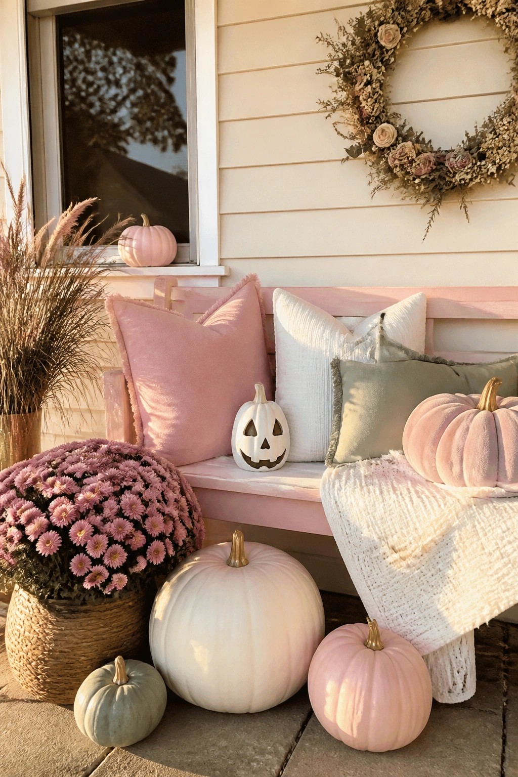 Pink front porch bench styled with a white carved jack o lantern, velvet pink pumpkins, and soft pillows.