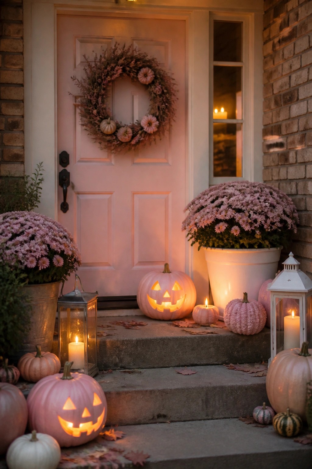 Front porch steps lined with glowing pink jack o lanterns and lanterns in front of a pink door with a floral wreath.