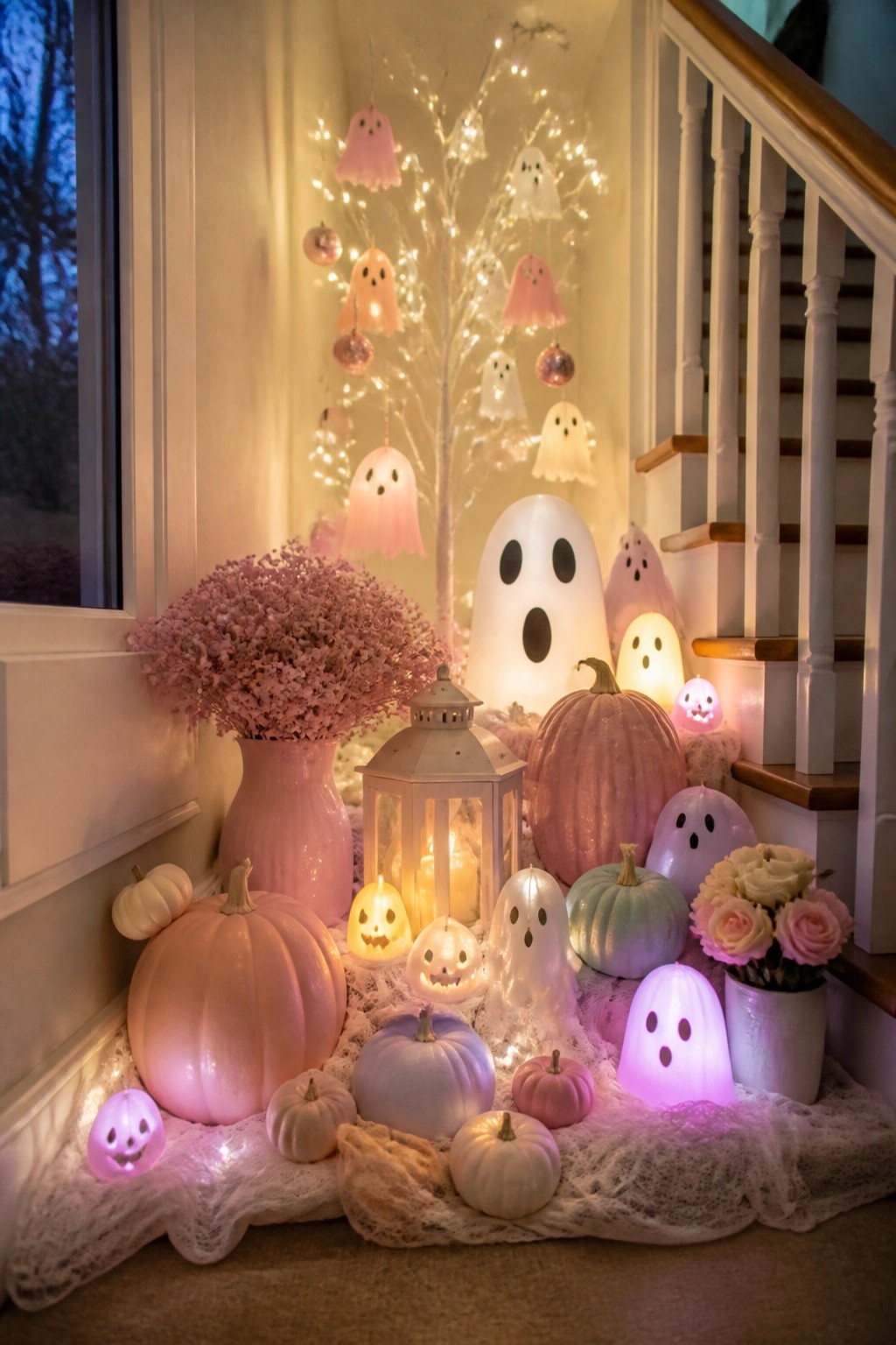Entryway corner with a white branch hung with pastel ghost figures and string lights, surrounded by glowing ghost lanterns and pastel pumpkins on the floor.