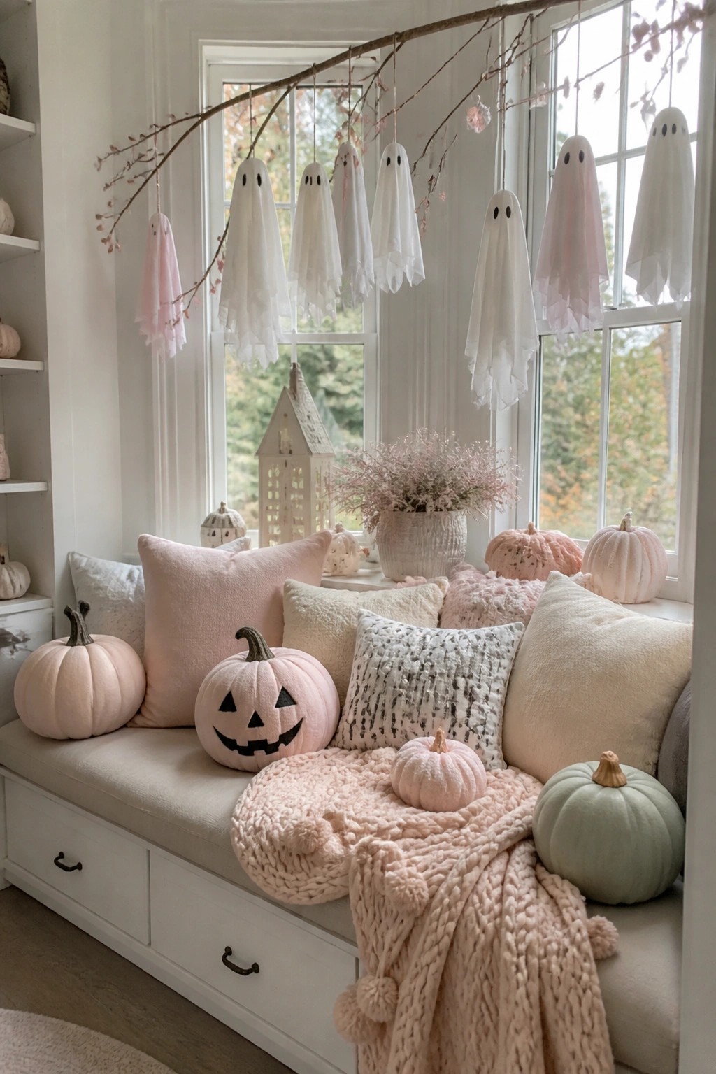 Window seat area with multiple white and pink fabric ghosts hanging from a branch across the windows.
