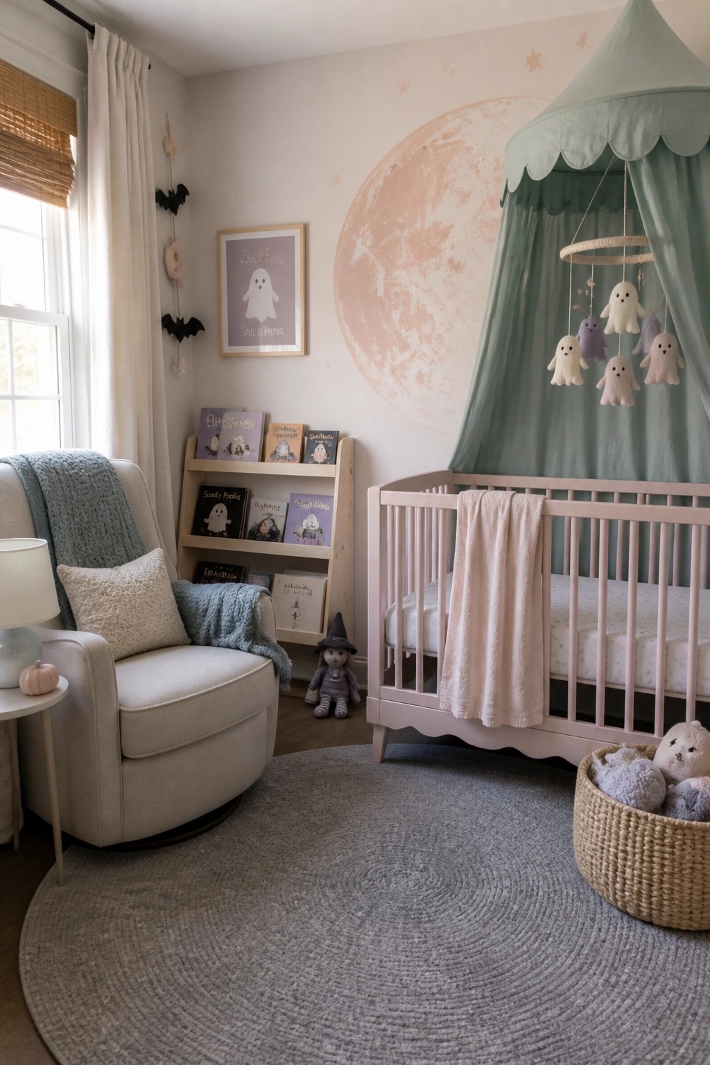 A nursery with a large pink moon mural on the wall, a pink crib under a green canopy with ghost mobile, and a low bookshelf holding ghost-themed books.