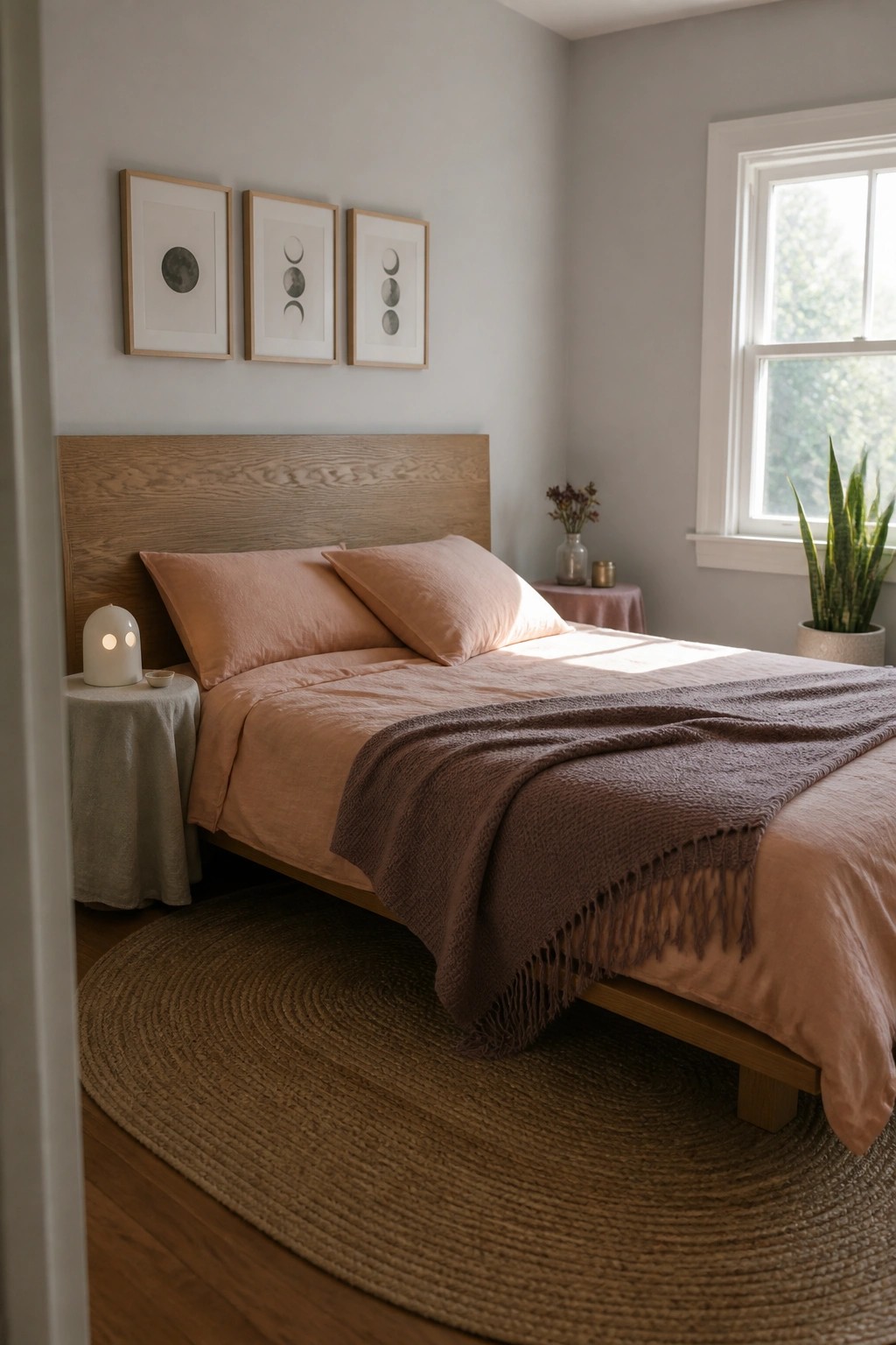 A bedroom featuring a wooden bed with peach bedding, a brown knitted throw, and three framed moon phase prints above the headboard.