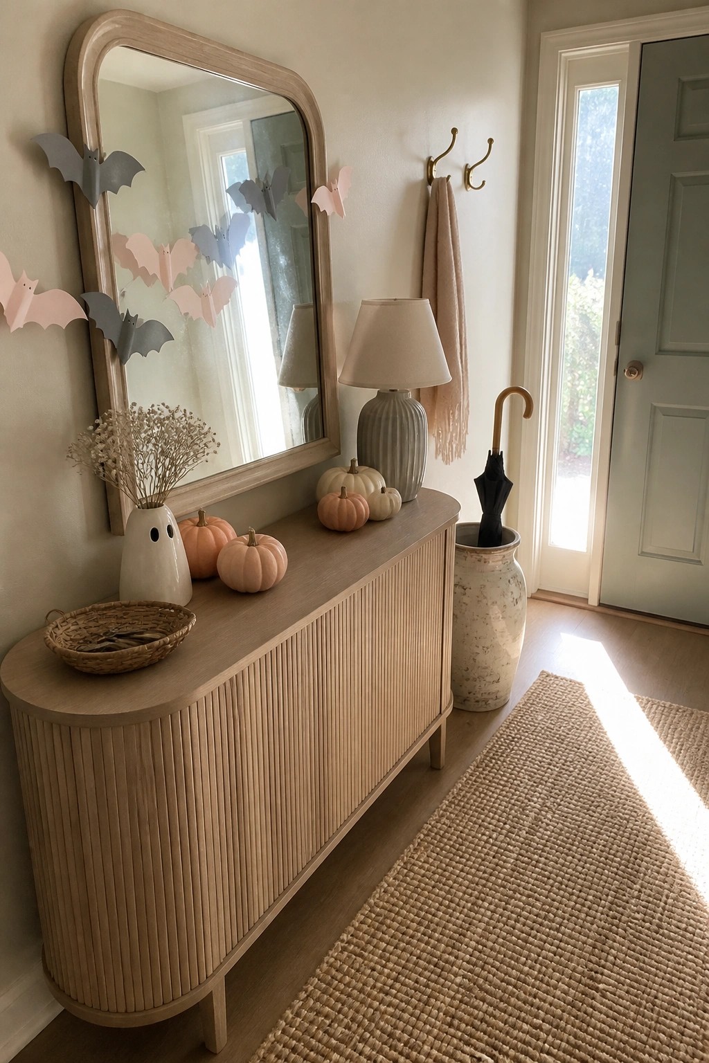 A light wood console table beneath a large mirror decorated with pastel paper bats, small pumpkins, and a ghost-shaped vase in a home entryway.