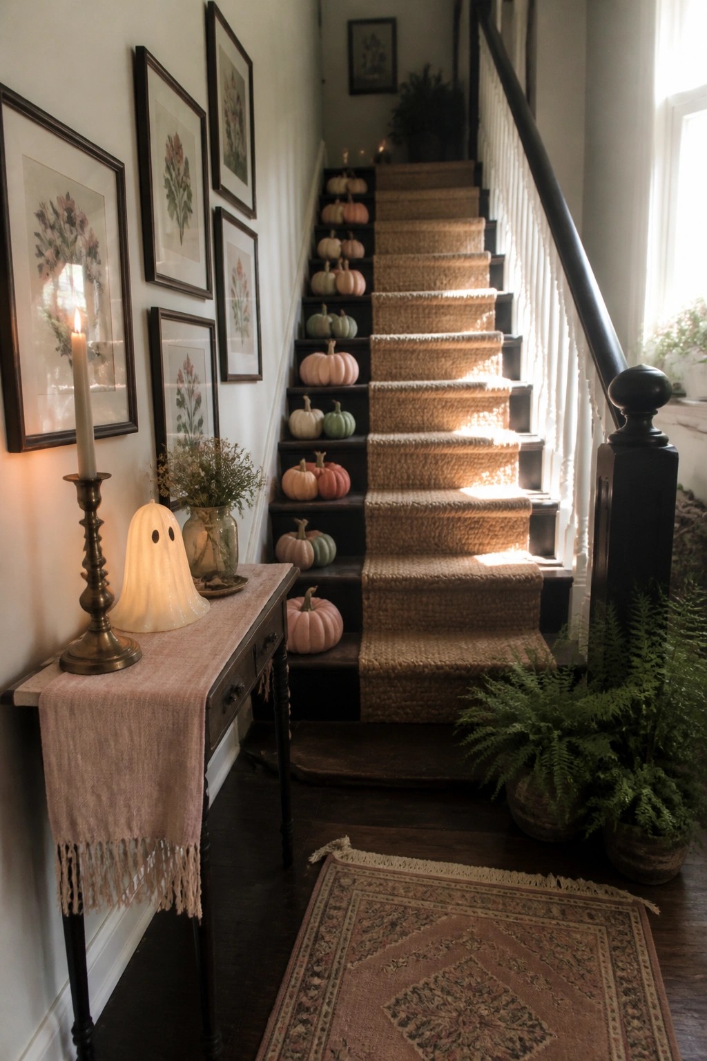 A dark wooden staircase with a woven runner holds scattered small pastel pumpkins on several steps, next to a console table with a glowing ghost lamp and framed art on the adjacent wall.