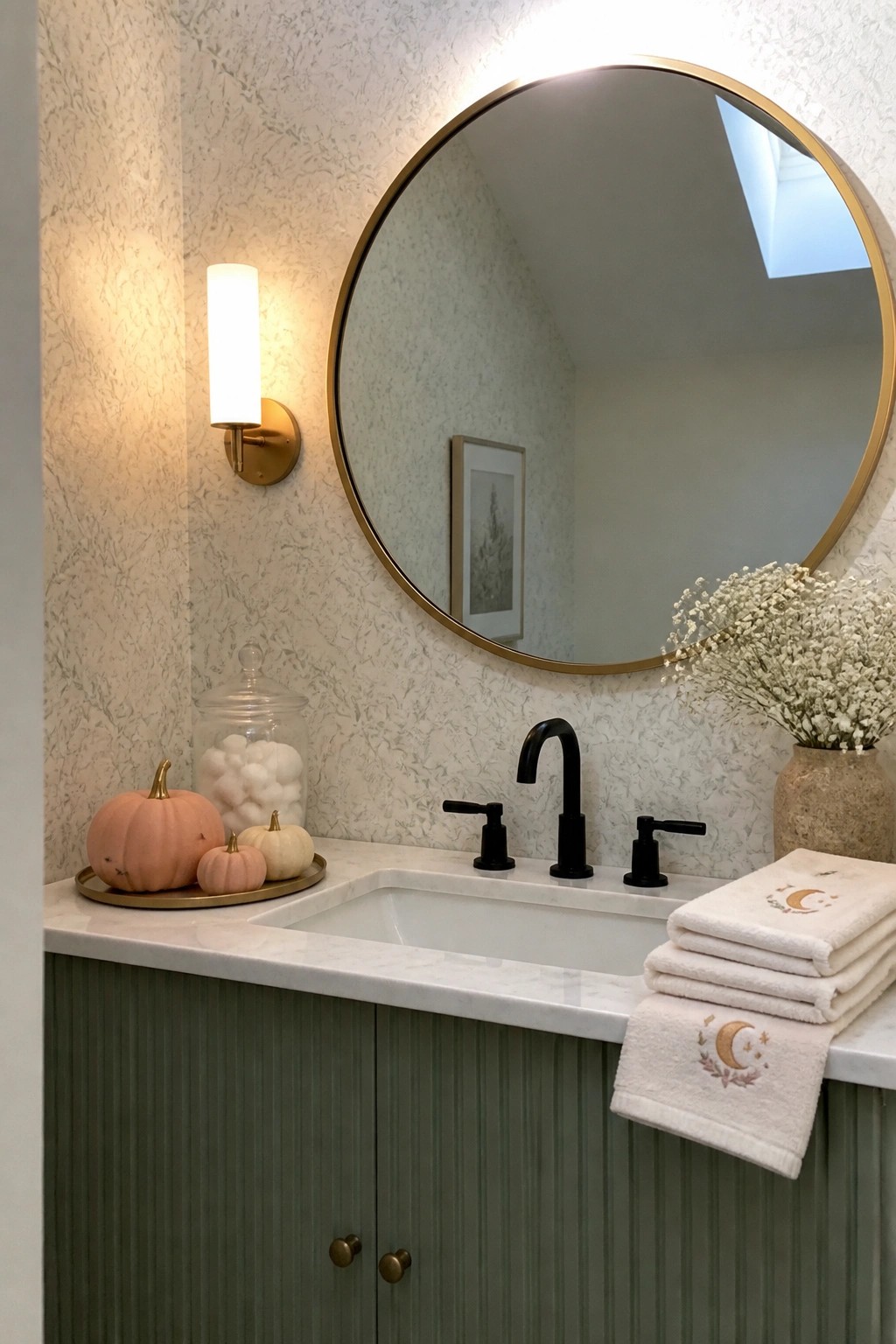 A bathroom vanity with green fluted cabinets, white marble top, black faucet, round gold mirror, pink pumpkins on a tray, and embroidered white towels beside a vase of baby's breath.
