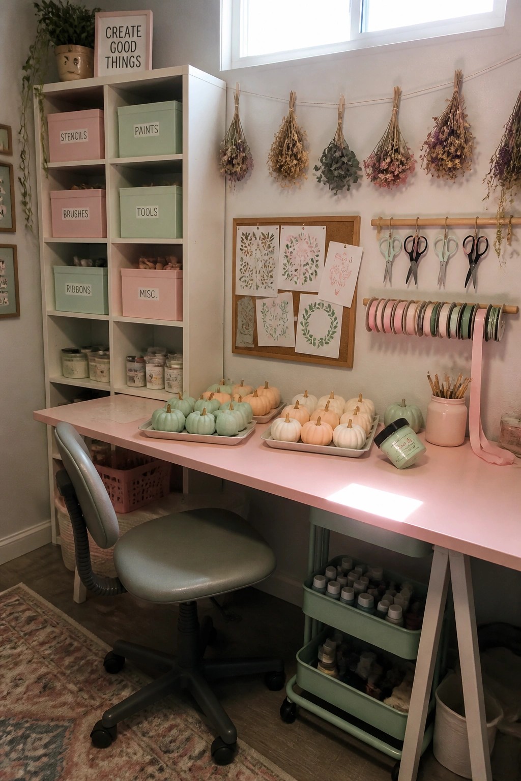 A craft room with a pink desk holding trays of pastel pumpkins in mint, peach, and white, next to storage shelves and wall mounted craft supplies.