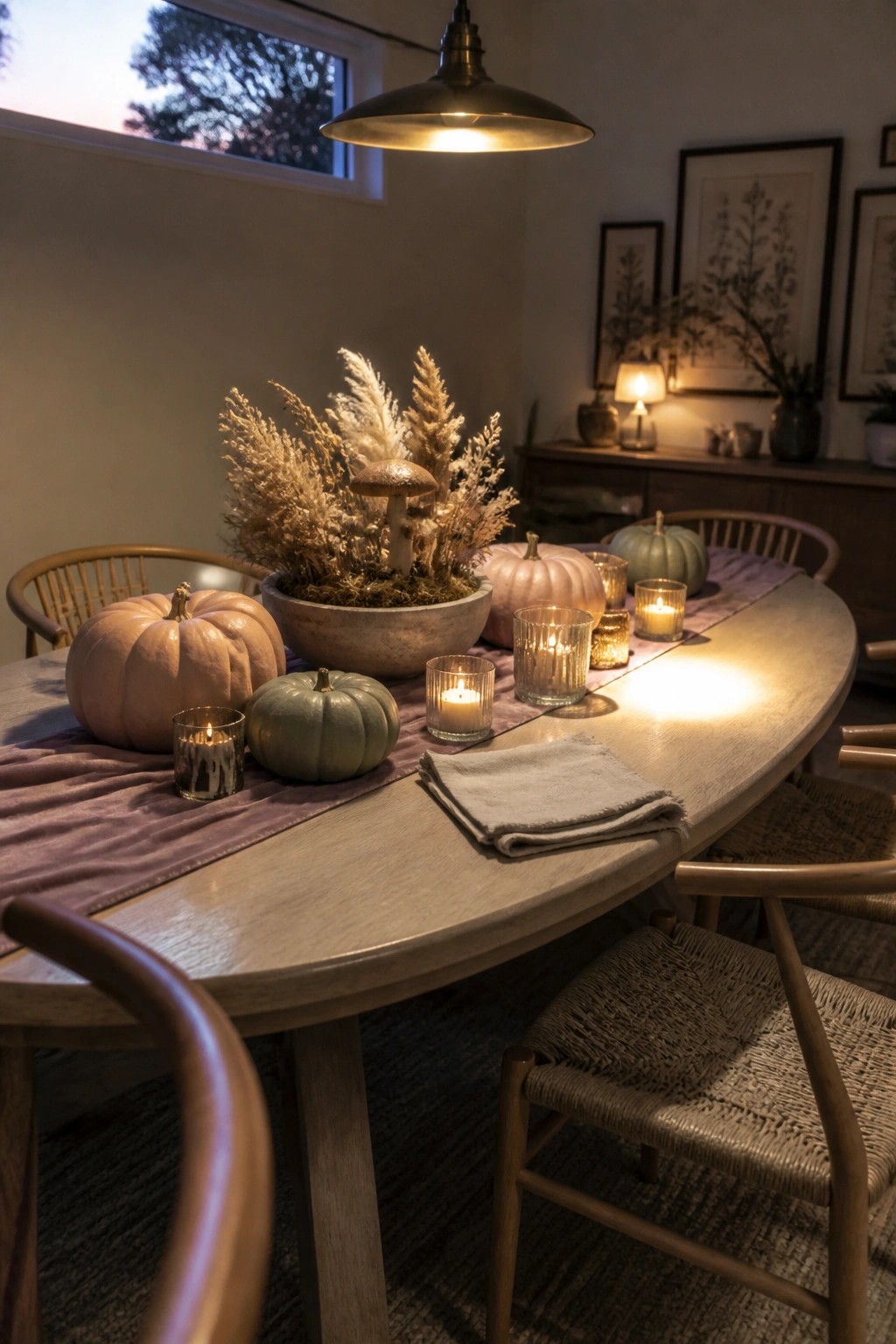 A wooden dining table with a purple runner, pastel pumpkins, lit candles in glass holders, and a bowl of dried grasses and a mushroom under a pendant light.