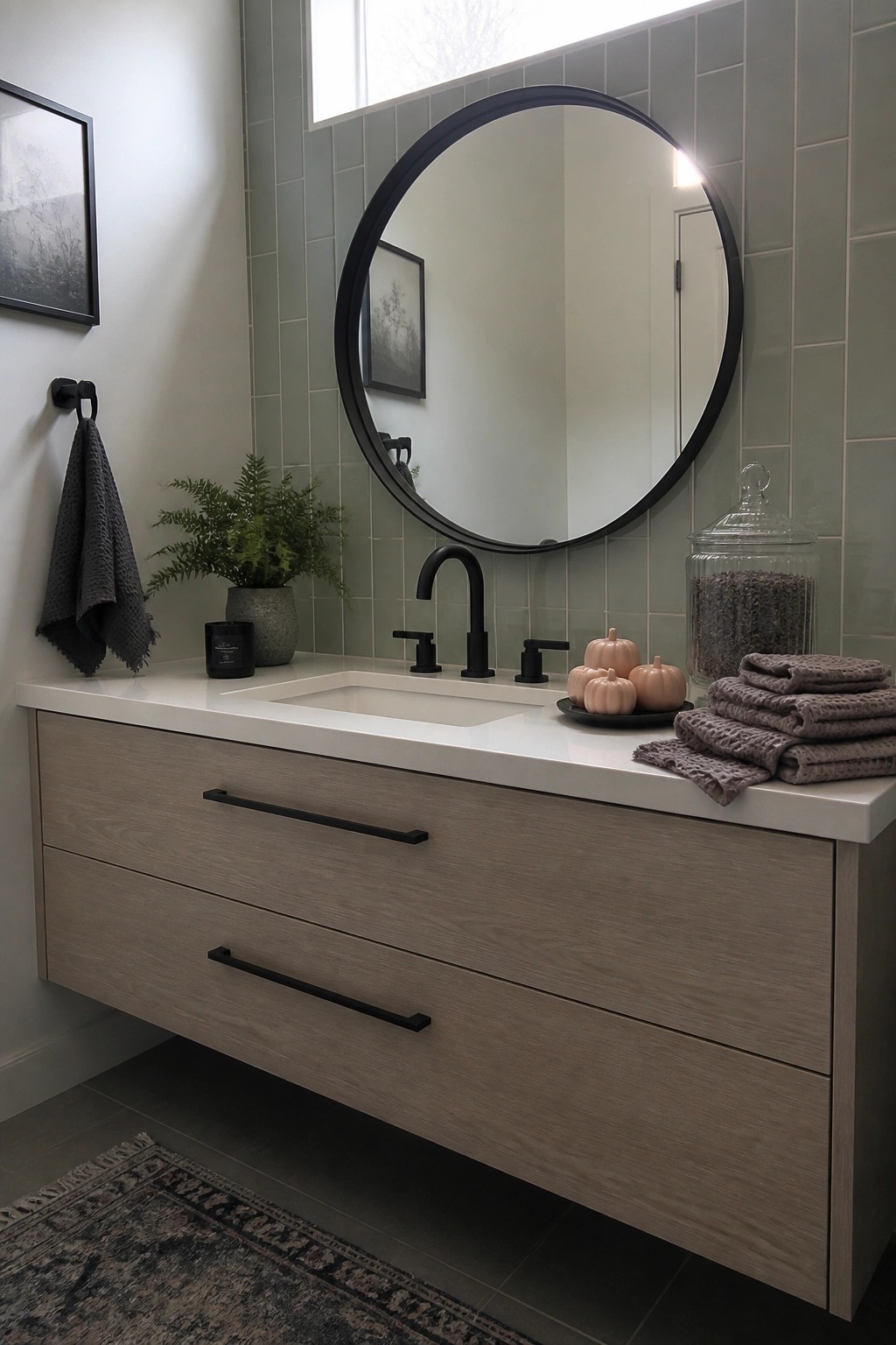 A bathroom vanity with light wood drawers, white countertop, black round mirror, black faucet, and small peach pumpkins arranged on a black tray.
