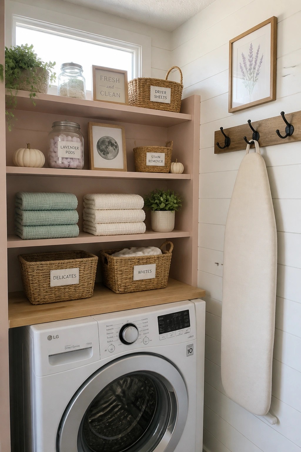 A laundry room featuring pink built-in shelves above a white front-loading washing machine, with woven baskets, folded towels, small white pumpkins, and an ironing board on the wall.