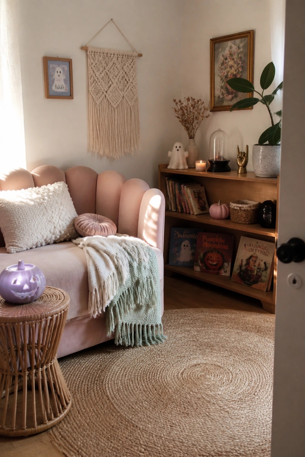 Cozy pink sofa with mint throw, purple pumpkin, macrame art, and Halloween bookshelf.