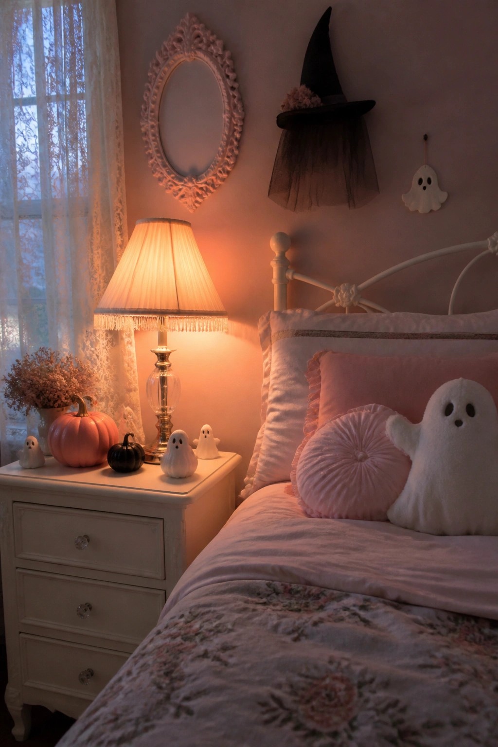 Bedroom with white ghost plush on pink bedding, smaller ghost figurines on a nightstand beside a lit lamp, pumpkins, and a witch hat on the wall.