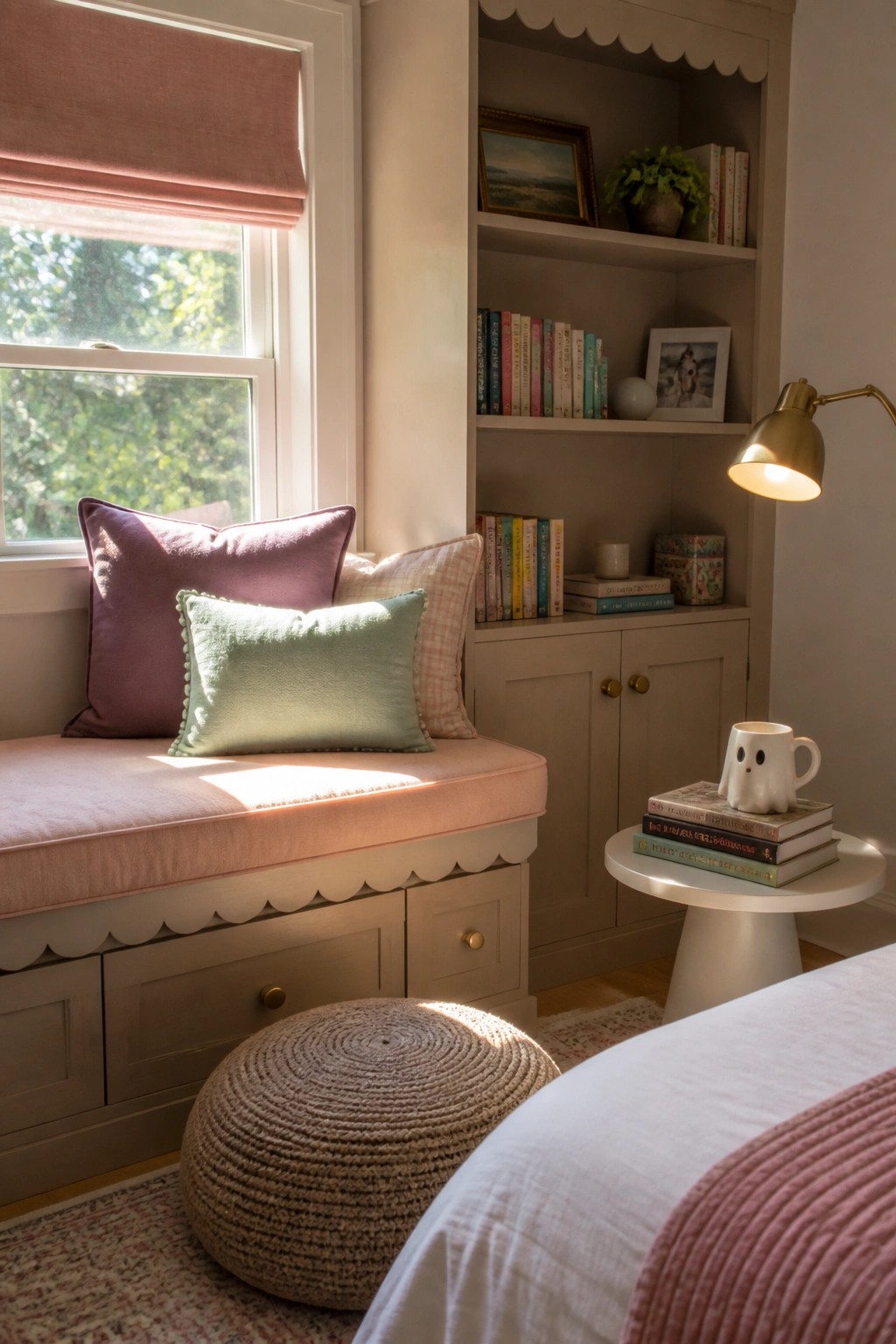 A window seat with pink cushion and pastel pillows beside built-in bookshelves, with a ghost mug on a small side table.