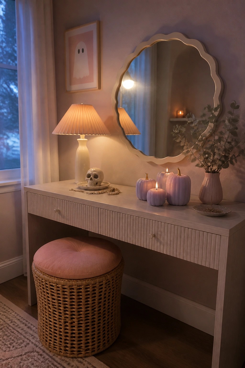 A light wood vanity with a scalloped mirror displays several small purple pumpkins with lit candles, a white lamp, a ceramic skull, and a vase of greenery.
