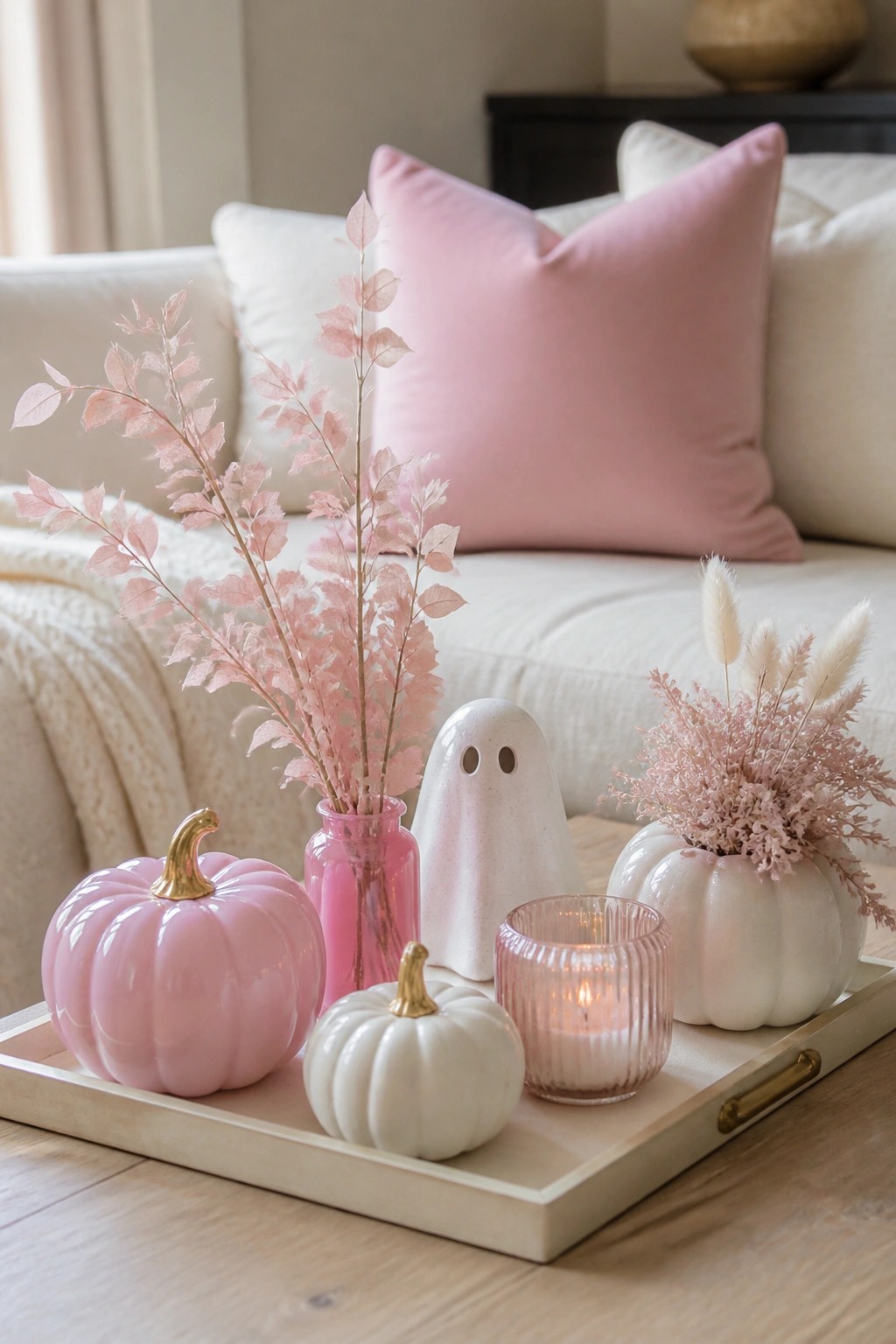 A wooden tray on a table holds pink and white ceramic pumpkins, a white ghost figurine, a lit candle, and pink dried foliage.
