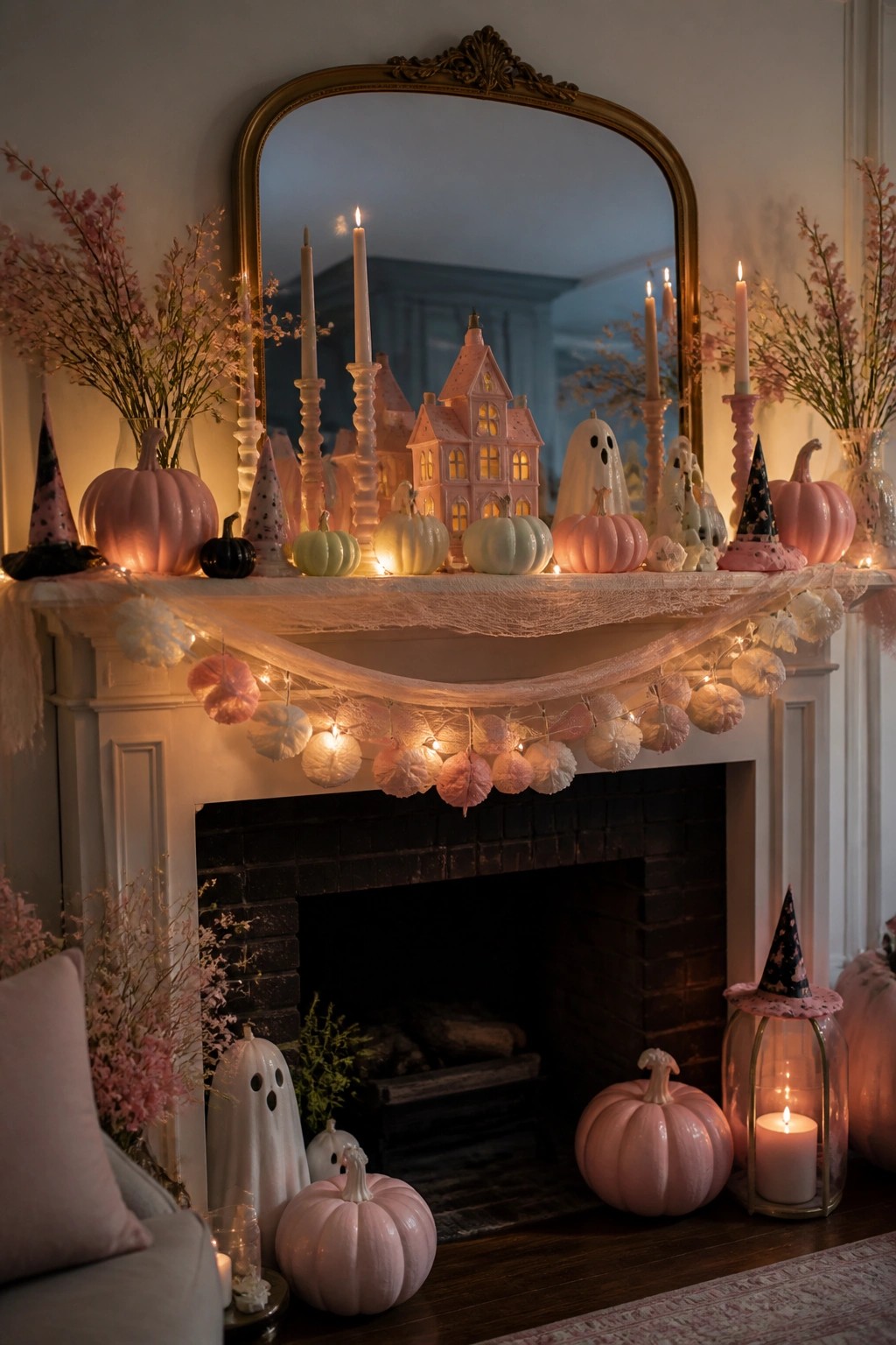 A white fireplace mantel styled with pink pumpkins, white fabric ghosts, witch hats, and candles beneath a large mirror.