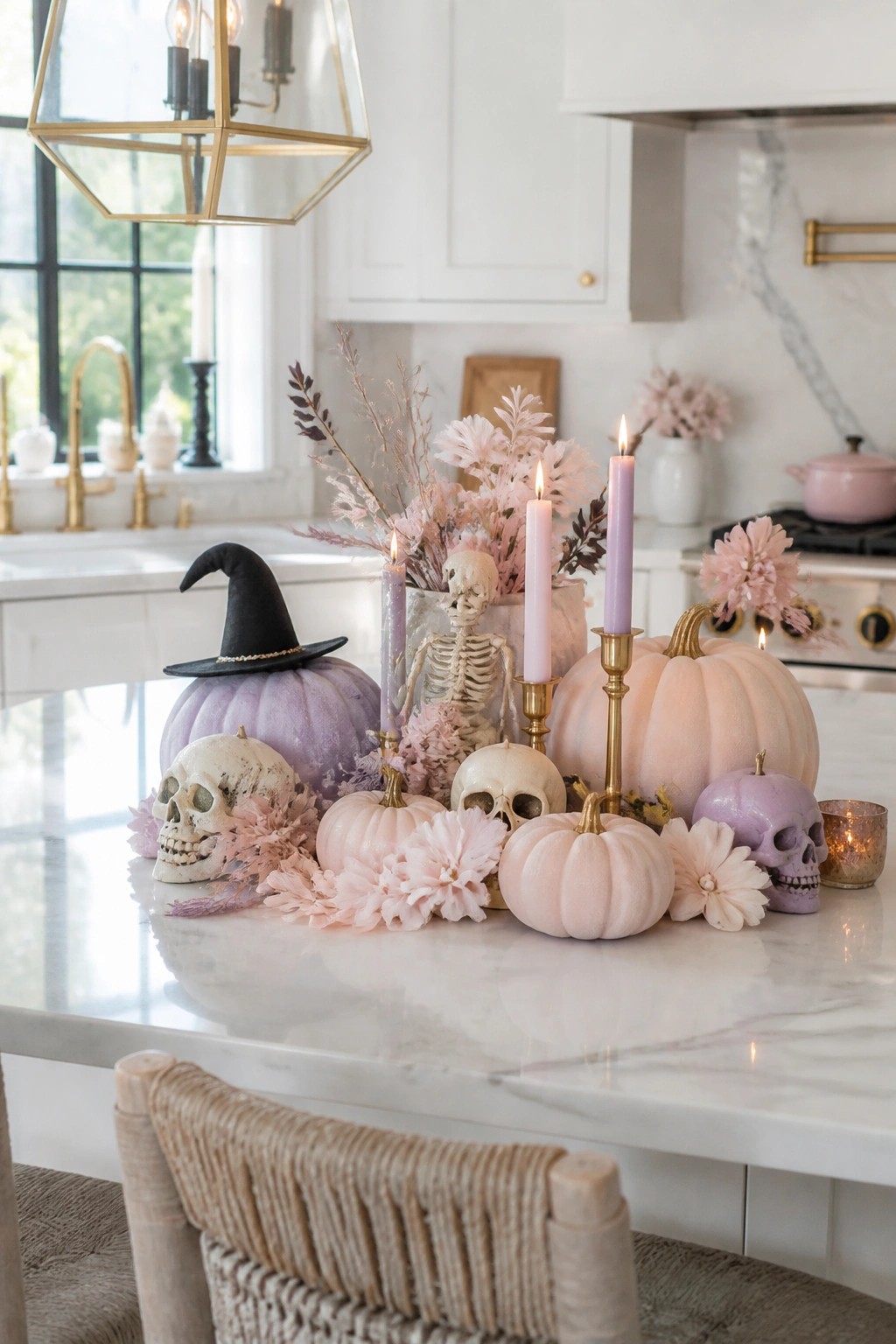 Pastel purple pumpkins with skulls, skeleton, witch hat, candles, and pink florals on marble counter.
