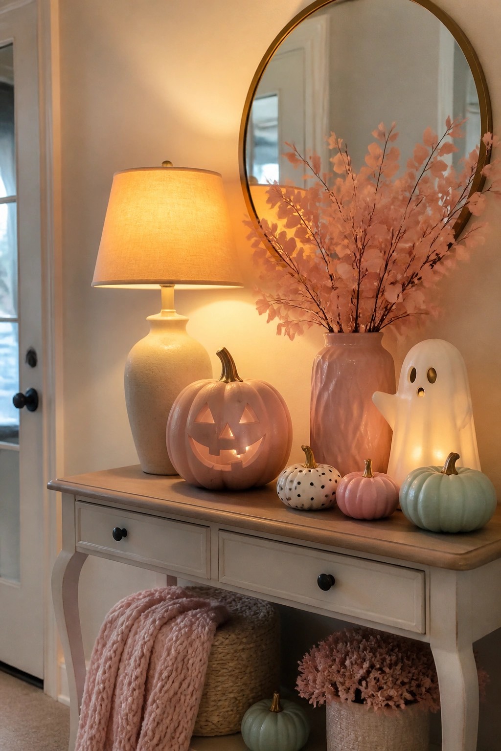 An entry console table holding a glowing pink jack o lantern, a lit ghost figure, a pink vase with branches, and several small pastel pumpkins.
