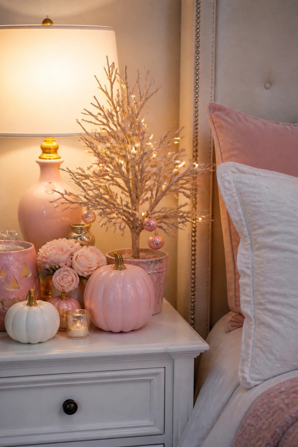 White nightstand topped with pink glitter pumpkins, a small lit tree with pink ornaments, and a lit candle beside a bed with pink and white pillows.