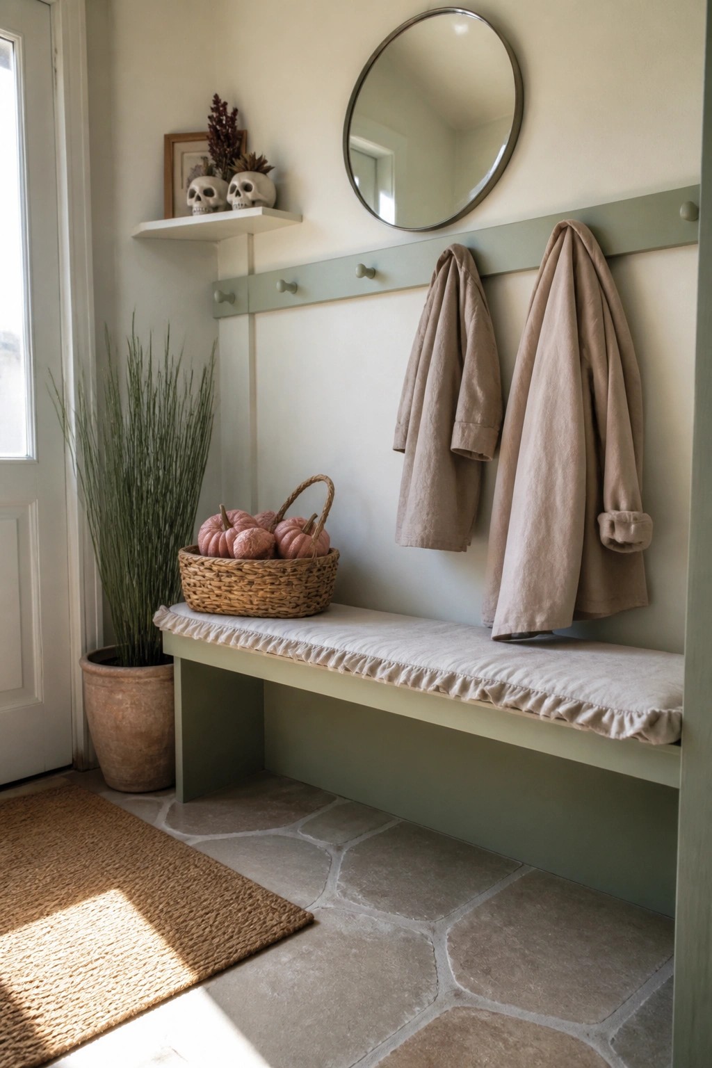 A sage green built-in bench in an entryway with a ruffled cushion, a basket of pink pumpkins on the floor, beige coats on hooks, a round mirror above, and a potted plant beside a white door.
