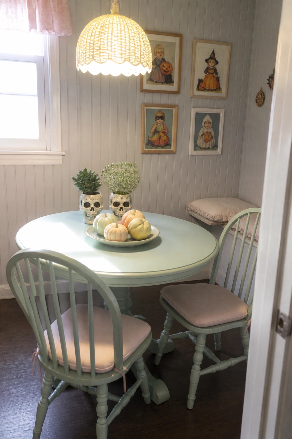 A round mint green dining table with pink cushioned chairs sits beneath a woven pendant light in a room with light blue beadboard walls, four framed vintage Halloween prints, skull planters with greenery, and a plate of small pumpkins on the table.