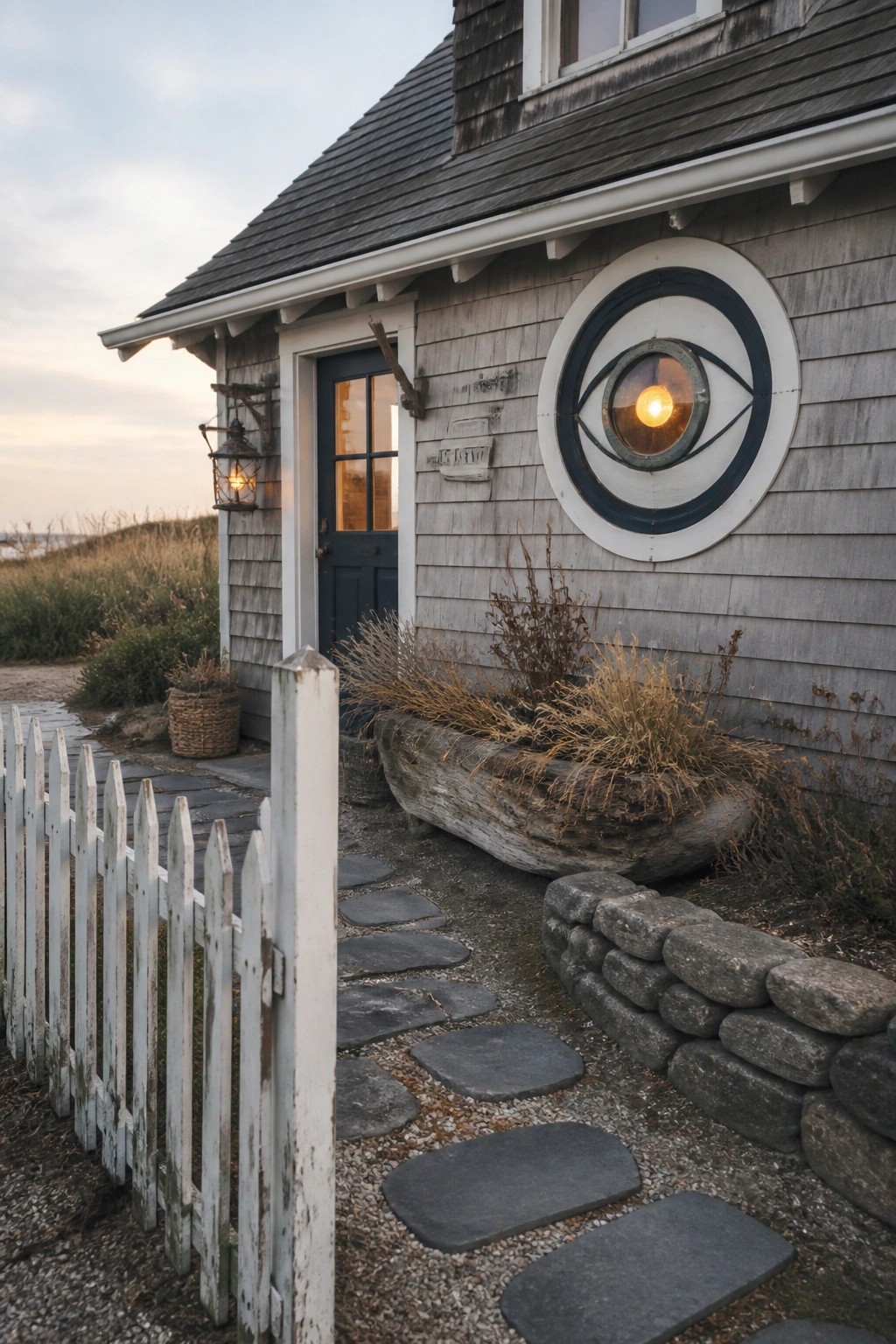 A gray shingled house exterior with a large circular window designed to look like an eye, glowing from within, beside a dark door and a stone pathway.