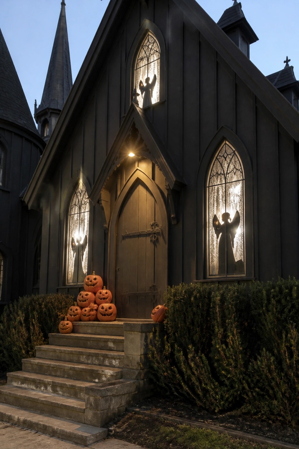 A dark wooden house with arched windows showing backlit angel silhouettes and pumpkins on the front steps.