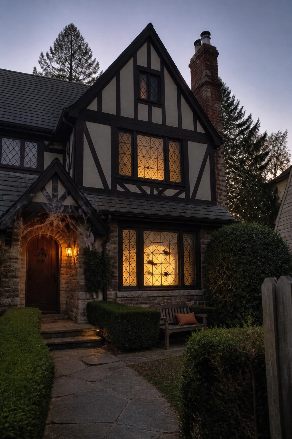 Tudor-style house at dusk with lit diamond windows, stone path, bench, and cobwebs.