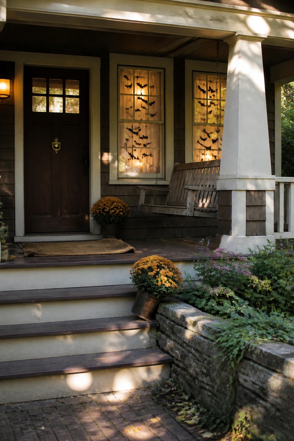 A house porch at dusk with two windows showing multiple black bat cutouts taped to the glass and lit from inside.