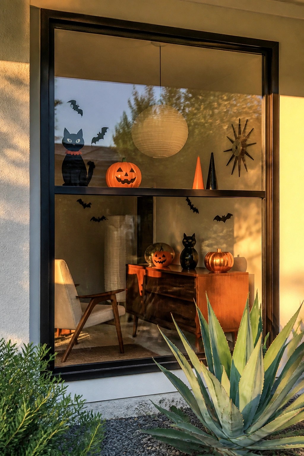 Large window with black cat, bat, and pumpkin Halloween decorations at dusk