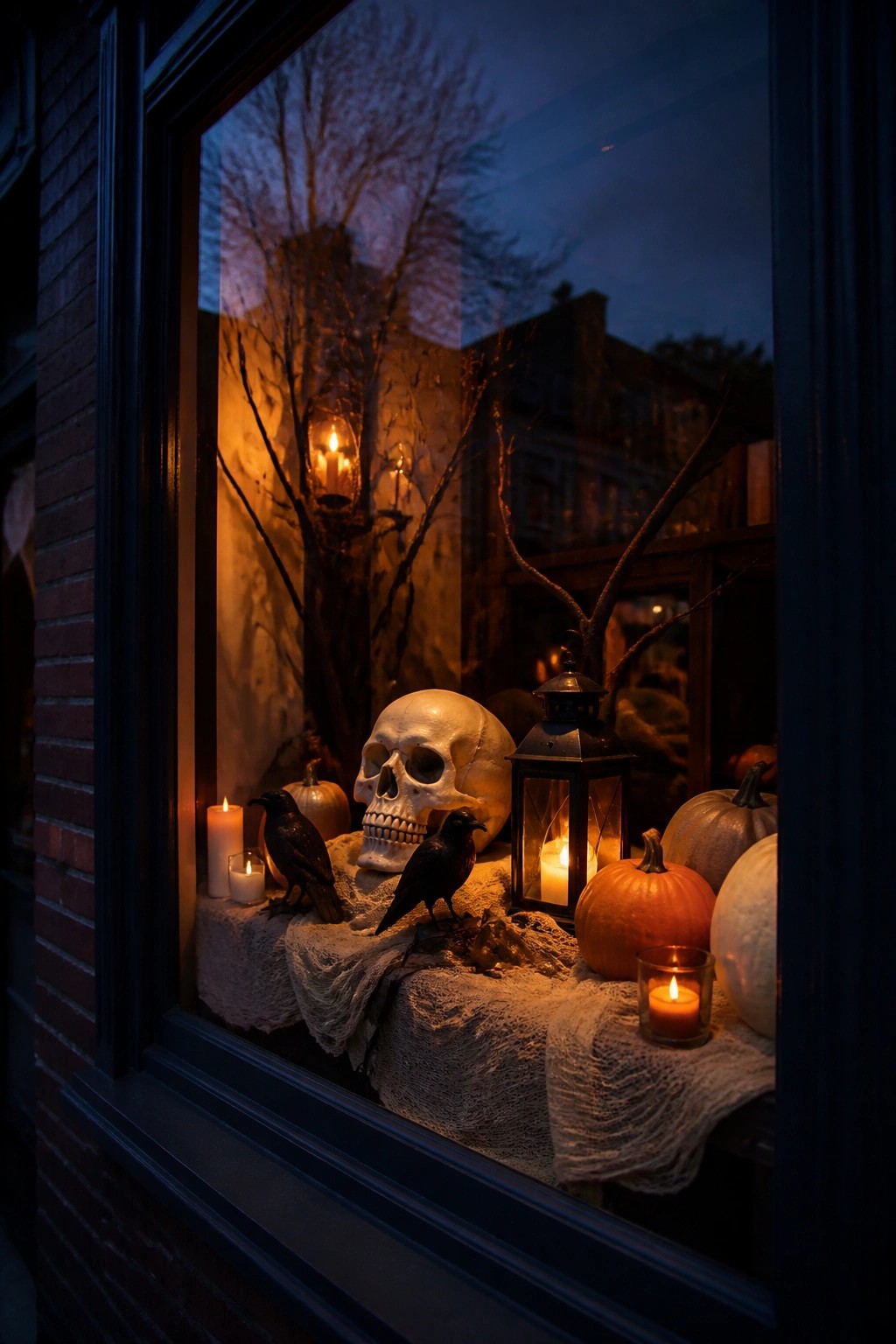 Halloween window display with skull, crows, pumpkins, candles, and lantern at dusk