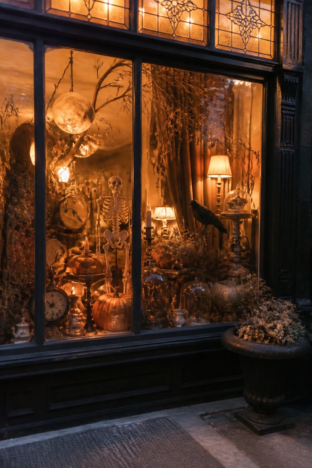 Halloween shop window with skeleton, pumpkins, clocks, crow, and warm glowing lamps amid branches