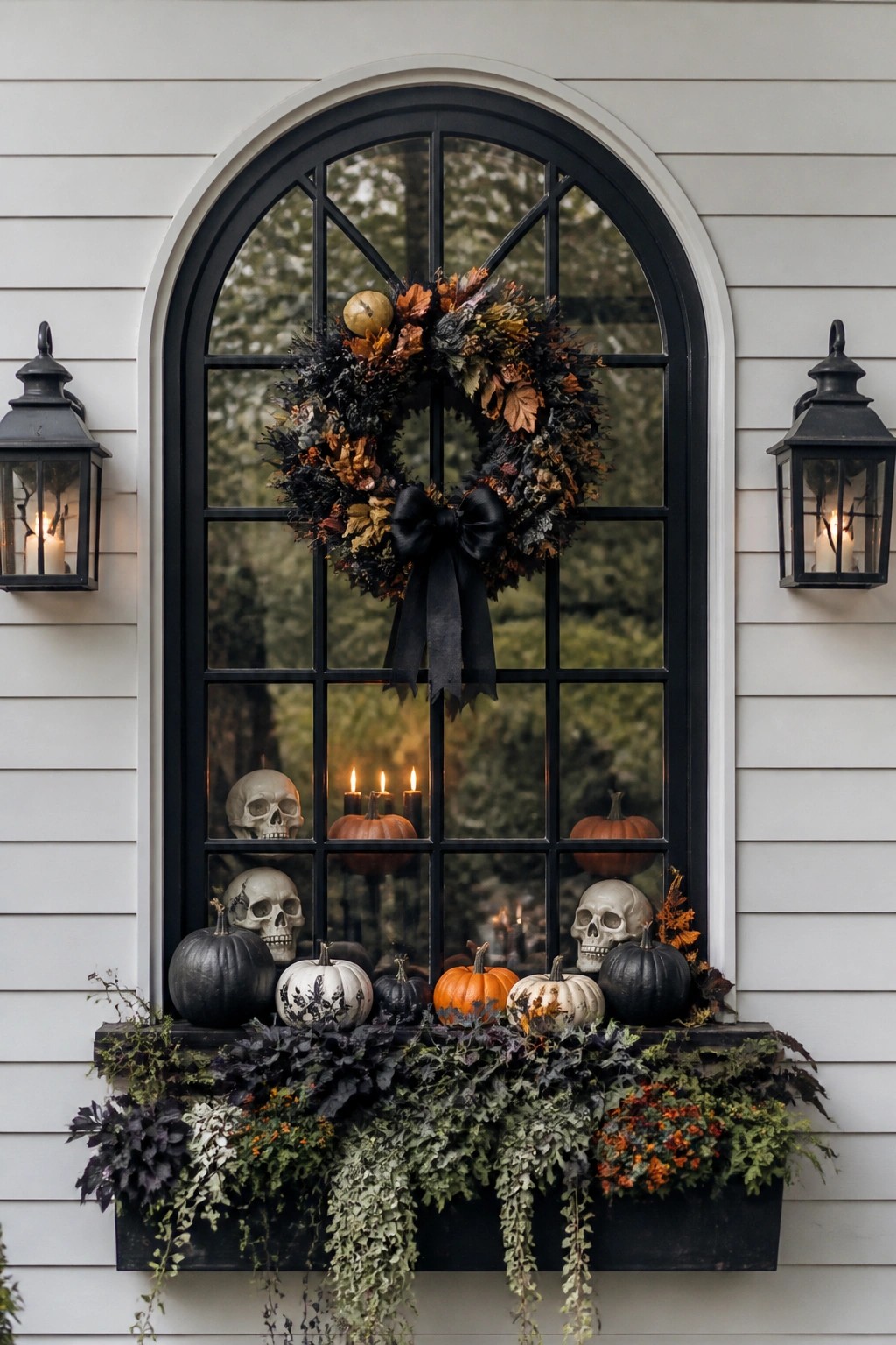 Arched black window with a dark floral wreath, several skulls visible inside and on the sill, and pumpkins arranged along the window ledge.