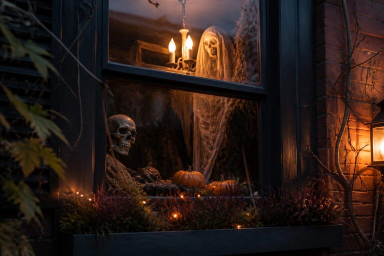 18 Scary Halloween Window Ideas That’ll Shock the Neighborhood Arched window displaying a standing skeleton with spiderwebs and candles inside, plus two lit jack-o'-lanterns on the steps outside.