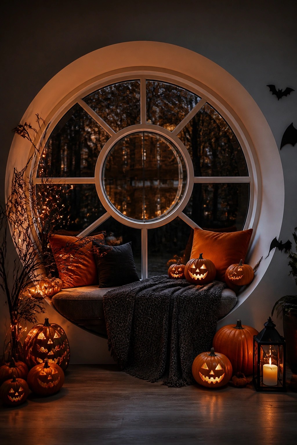 Circular window with bench seat lined with multiple carved and lit jack o lanterns, dark blanket, and black bat cutouts on the wall.